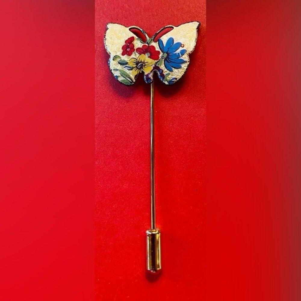 Vintage Women’s Stick Pin Butterfly Flowers Enamel Gold Tone 2.5” *Read*